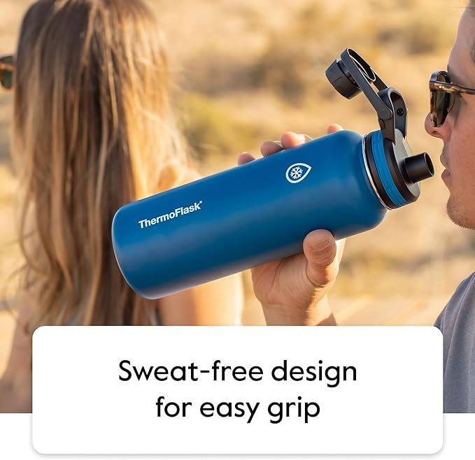 ThermoFlask Bottle with Chug Lid & Straw Lid - Insulated Stainless Steel Water Bottle with Leak-Proof Lids - Dishwasher-Safe Reusable Bottle & Lids - Durable Bottle, 2 Straws & 2 Lids - 64 oz, Black