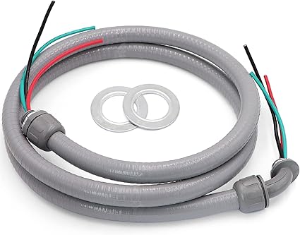 6FT 12-Inch Electrical AC Whip Kit,Nonmetallic Liquid Tight Flexible Electrical Conduit,7.5FT of Connecting Wires 3-Conductor 10-Gauge Wires wStraight90 Degree Fittings