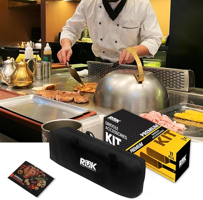Blackstone Griddle Accessories Kit, RuK 11 PCS Flat Top Griddle Accessories Set with Anti-Scalding Long Handle Metal Spatula, Griddle Scraper, Cleaning Kit, E-Cookbook for Blackstone and Camp Chef