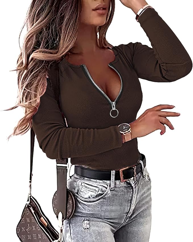 Womens Sexy Tops Long Sleeve Henley Shirts Fitted Low Cut Tops Ribbed Zipper V Neck Cleavage Fall Shirts Blouses