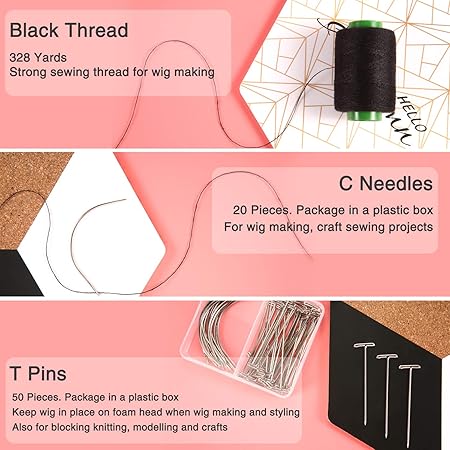 Boao 70 Pieces Wig Making Pins Needles Set, Wig T Pins and C Curved Needles with 328 Yard Thread for Making, Blocking Knitting, Modelling and Crafts
