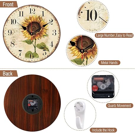 10 Inch Decorative Wall Clock Arabic Numeral Wall Clocks Battery Operated Silent Wall Clocks Wooden Round Sunflower Hanging Clock for Kitchen,Dining Room,Office and Living Room