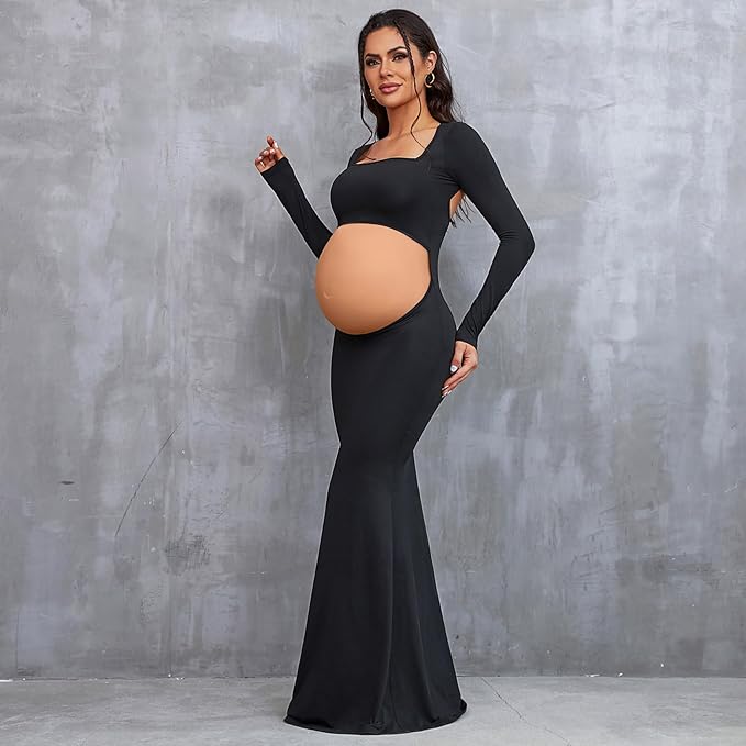 Bhome Maternity Photoshoot Dress Long Sleeve Sexy Cut-Out Backless Maternity Maxi Gown Photography Outfits
