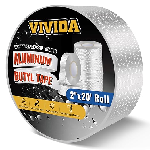 VIVIDA Aluminum Butyl Tape 8" 20', Waterproof Aluminum Foil Butyl Sealing Tape for Outdoor Use, Corrosion Resistant, Repair for Metal Roof, RV, Windows, 1 Roll