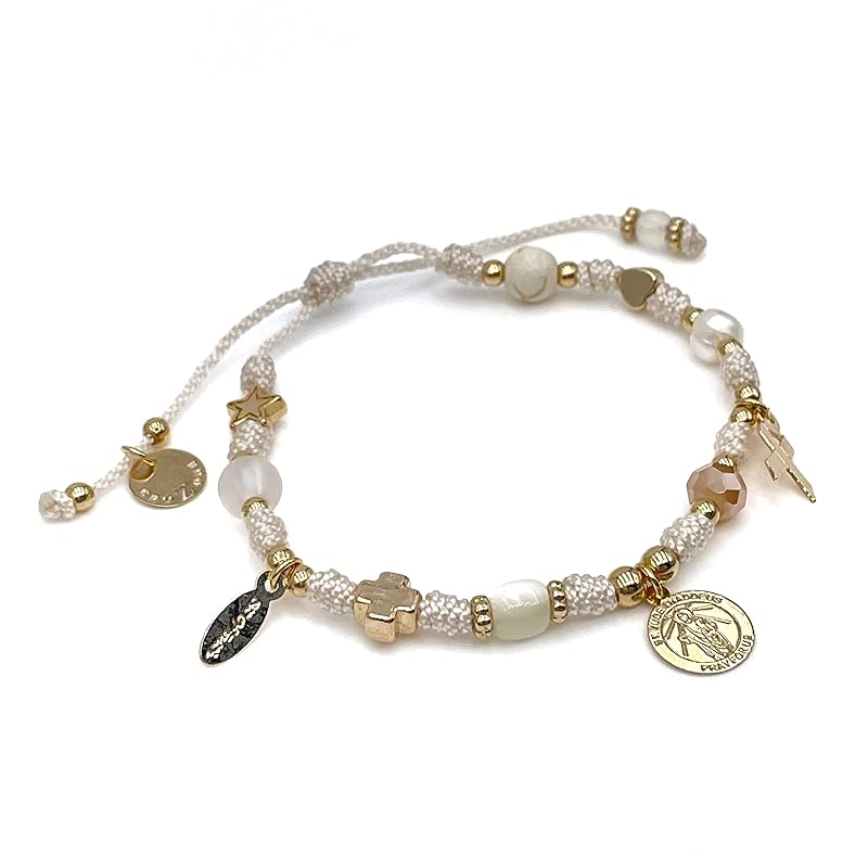 St Jude Thaddeus Blessed Bracelet for Health Pray Saint of Hope and Impossible Causes Pulsera de San Judas Adjustable Religious Jewelry for Women and Teenagers (Ivory)