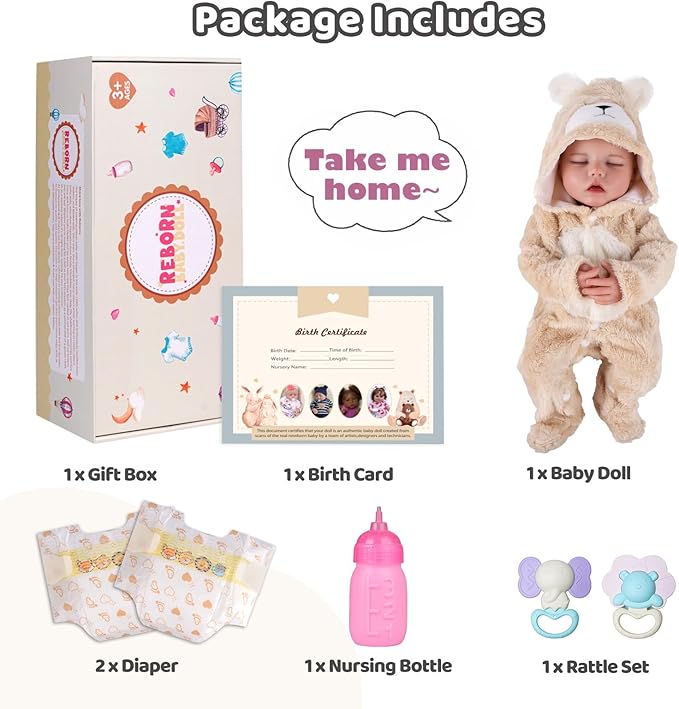 BABESIDE 17 Inch Drink and Wet Reborn Baby Doll, Full Soft Vinyl Girl | Closed-Eye Newborn Look, Realistic Details, Bear Outfit, Feeding and Diaper-Changing Play, Gift for Kids Ages 3+