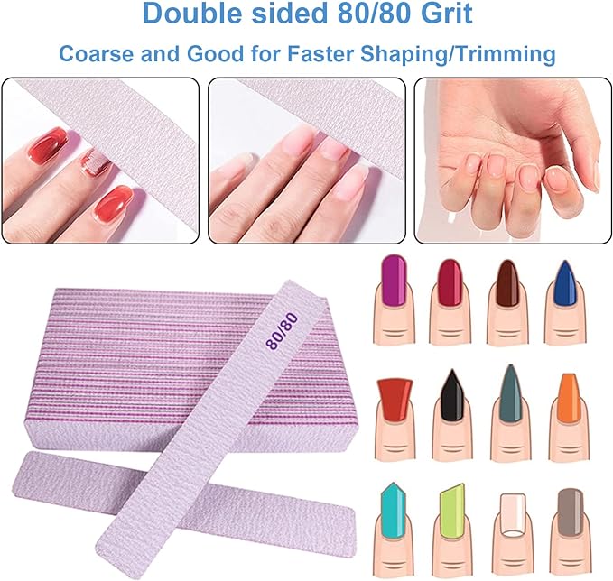 8080 Grit Nail Files, Emery Boards Nail File for Acrylic and Gel Nails, Coarse Nail File Double Sided 80 Grits Emory Professional Filers Reusable Washable Manicure Square Gray