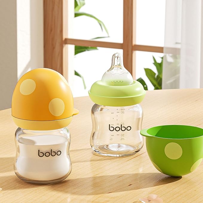 YOHKOH Natural Glass Baby Bottle with Natural Response Nipple, Newborn Anti-Colic Baby Bottles, Wide Neck Mushroom Cap Baby Bottle, Clear (Green, 3.4oz (Pack of 2))