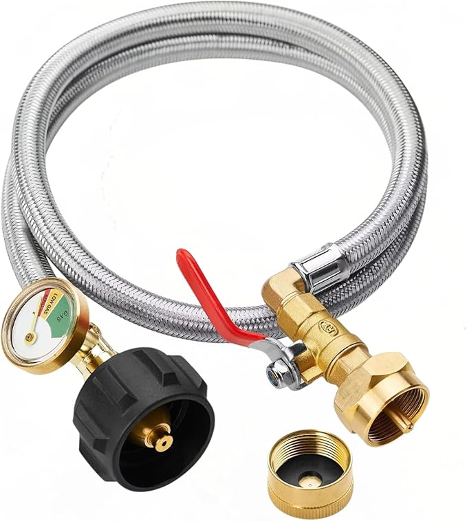 Upgraded 3FT Propane Refill Adapter Hose with Gauge ONOff Valve Stainless Steel QCC1 Type 1 Connector for 1 lb. Tanks, Safe Easy Filling from 5-40 lb Propane Tanks