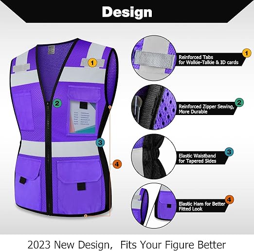 TCCFCCT Safety Vest for Women 11 Pockets Mesh Reflective Vest with Zipper, High Visibility Neon Construction Work Vest for Lady Workers/Surveyors/Drivers, Snug-Fit & Durable, ANSI Compliant, Purple M