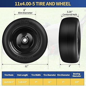 11x4.00-5 Flat Free Solid Tire and Wheel Replacement with 34" or 58" 12" Bushings, 3.4"-5.6" Centered Hub,Smooth Tread Tire for Zero Turn Mowers