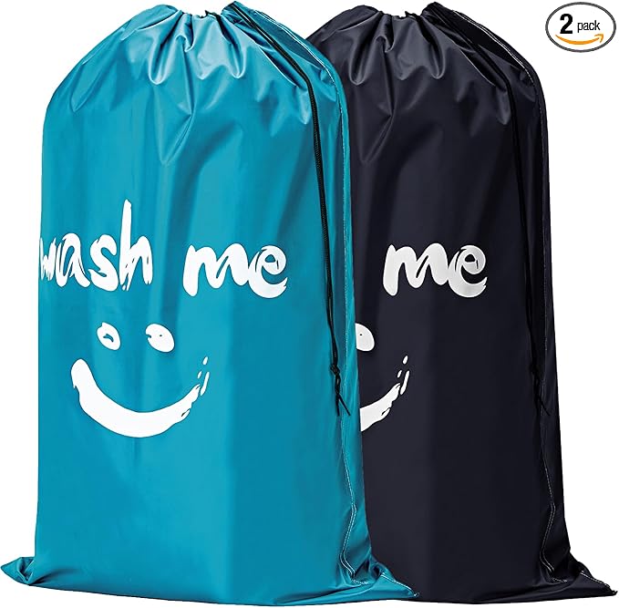 HOMEST 2 Pack XL Wash Me Travel Laundry Bag, Dirty Garments Organizer, Large Enough to Hold 4 Loads of Clothes, Easy Fit a Hamper or Clothing Basket, Black and Sky Blue