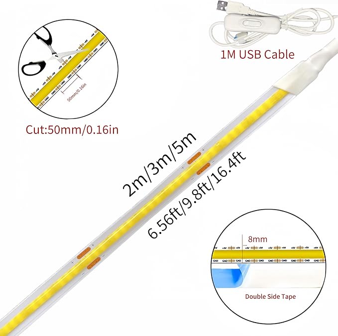 5V USB COB LED Strip Lights with Switch,6.56FT/2M,Cool White 6500K,320LEDs/M,8mm Width,Not Waterproof IP20,1M USB Cable,for DIY Home Indoor Decoration