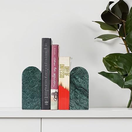 Koville Indian Natural Marble Bookends for Shelves, Decorative Book Ends, 7lbs Heavy-Duty Marble Book Holders, Bookshelf Apartment Decor for Normal BooksCDVideo Games(Indian Green)