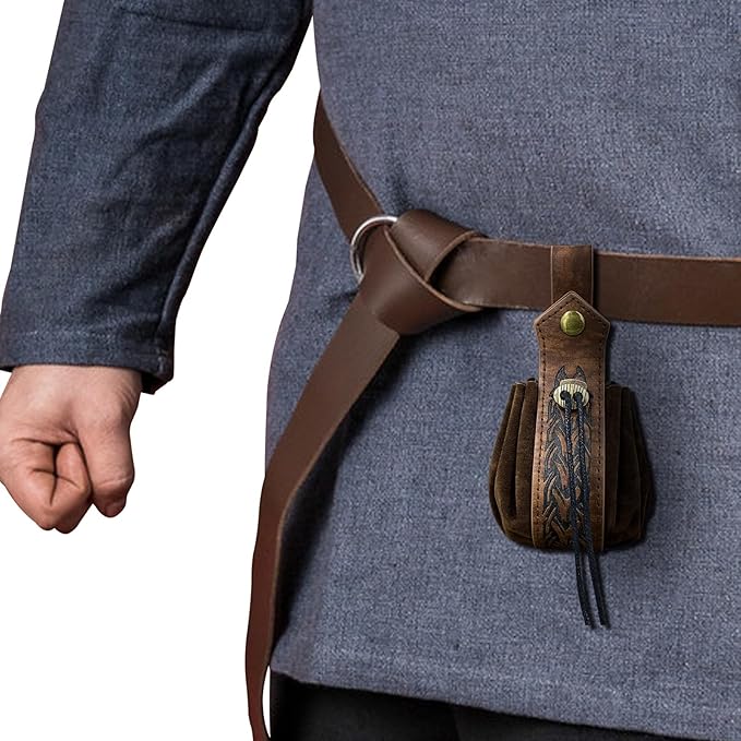 Medieval Faux Leather Pouch,Viking Belt Pouch,Retro Nordic Belt Pack,Portable Drawstring Purse,Dice Bag For Hiking Archery LARP Renaissance Faire Costume