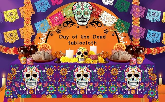 Day of The Dead Party Disposable Tablecloth Plastic Sugar Skull Table Cover for Dia De Los Muertos Party Decoration 54 X 108 inch 3 Pack for Day of The Dead Party