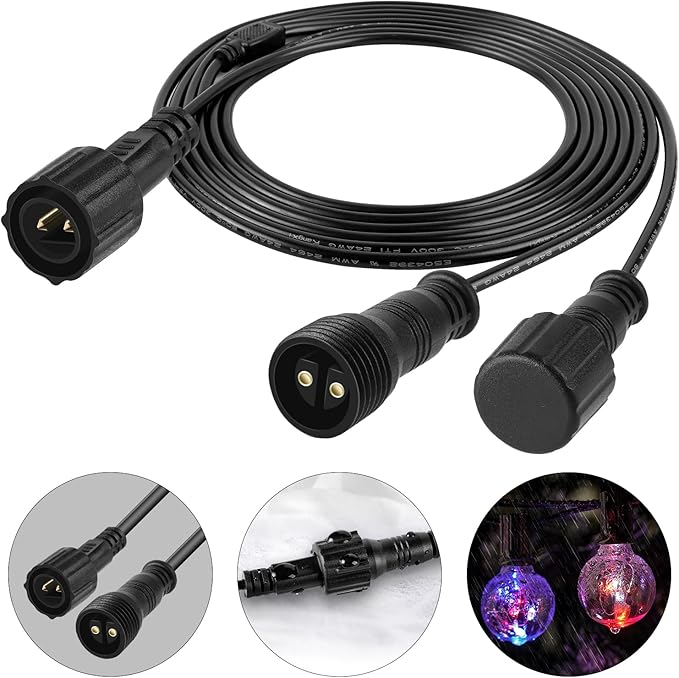 10FT Male to Female 2 Pin Flexible Waterproof Extension Cord for Indoor Outdoor Garden Lighting, Solar Strip Lights, G40 Globe Lights, and Rope Lights