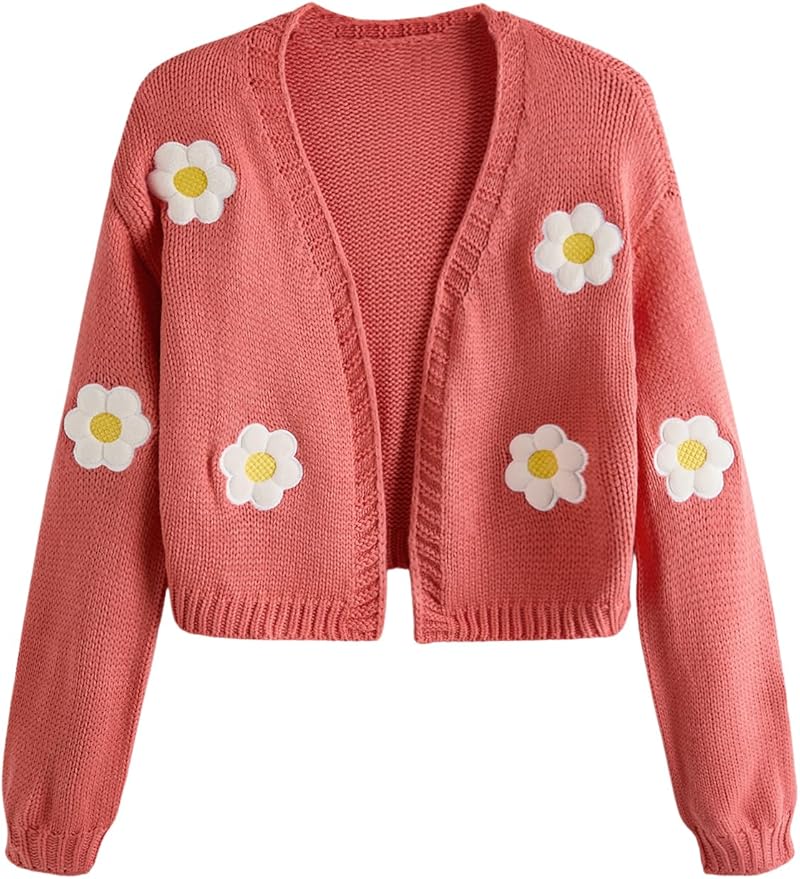 MakeMeChic Women's 3D Floral Cardigan Sweaters Open Front Cropped Cute Cardigan Lantern Sleeve Outerwear