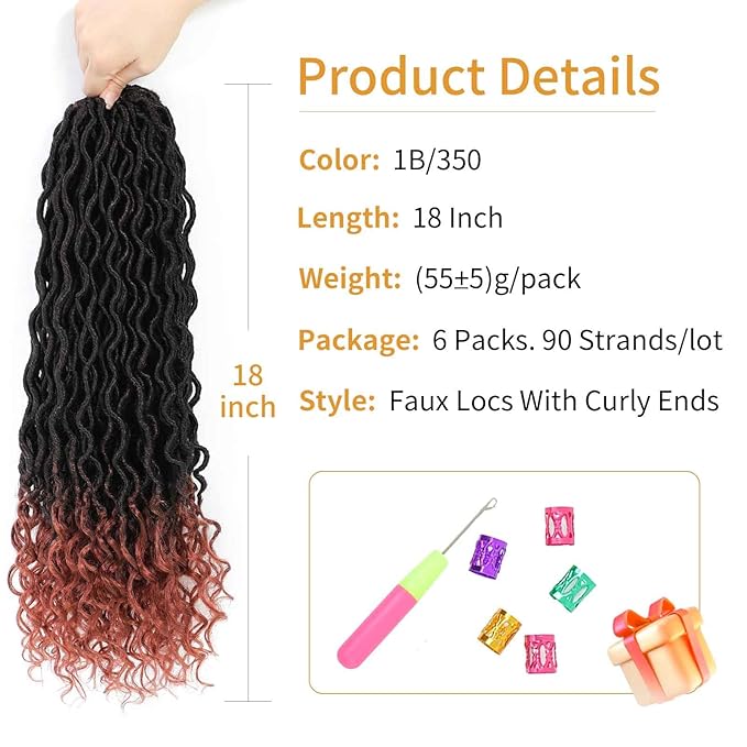 Goddess Locs Crochet Hair 18 Inch 6 Packs Faux Locs Crochet Hair For Black Women Ombre Faux Locs With Curly Ends Prelooped Crochet Hair Extensions(1B350, 18 Inch, 6 Packs)