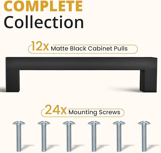 Mega Handles 12 Pack I Cabinet Pulls 5.5 Inch, Stainless Steel Cabinet Handle Pulls I Ideal for Kitchen Drawer, Cabinets, Door, Cupboard I Hardware for Cabinets - Hole Distance 5 Inch - Matte Black