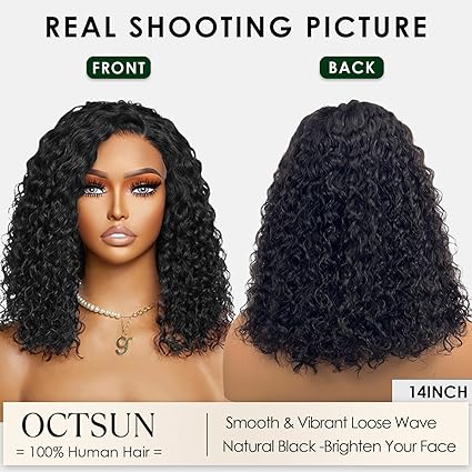 OCTSUN Curly Bob Wig Human Hair for Black Women - Glueless Wigs Human Hair Pre Plucked with Baby Hair Deep Wave 13x4 Lace Front Wigs Wet and Wavy Brazilian Human Virgin Hair Wigs 14 Inch 180% Density