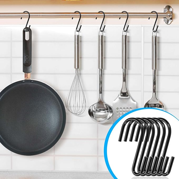 12 Pack 4 Inch S Hooks for Hanging Spoons Pans Pots Kitchenware, Metal S Hooks for Hang Clothes Bags Plants, Apply Bathroom Office Tool Room, Black