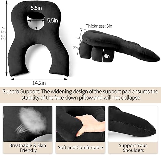 Breathe Easy Face-Down Pillow – Comfortable Sleeping and Prone Pillow for Eye Surgery Recovery, BBL, Retinal Vitrectomy, and Home Massage, Black