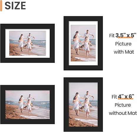 upsimples 4x6 Picture Frame, Display Pictures 3.5x5 with Mat or 4 x 6 Without, Wall Hanging Photo Frames, Black, 1 Pack