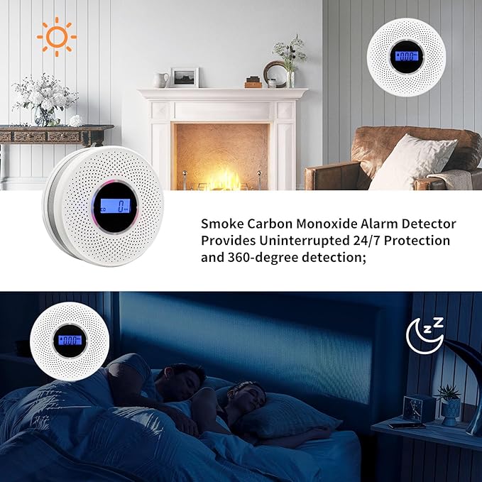 Smoke Detector Carbon Monoxide Detector Combo with Digital Display and Sound Light Alarm, 2-in-1 Smoke CO Alarm with Battery Operated for Home, Travel or RV