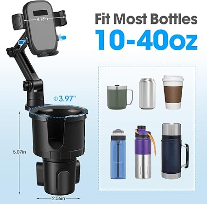 2 in 1 Large Cup Phone Holder Cupholder Extender for Car with Expandable Base, Cup Holder Expander for 18-40oz Drink Bottles, Mug and Phone Holder with 360 Adjustable Arm Fits All Smartphone