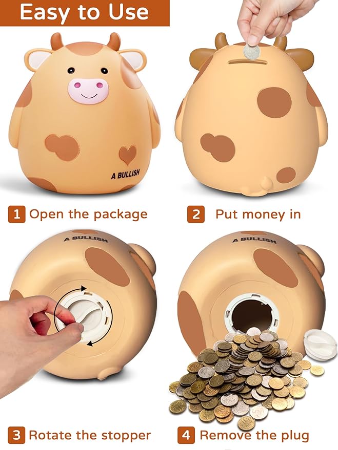 Cow Piggy Bank,Unbreakable Coin Box for Boys Kids,Cute Animal Coin Money Bank Birthday Girls Adults,Coin Saving Boxes Home DecorOoaYellowOoa