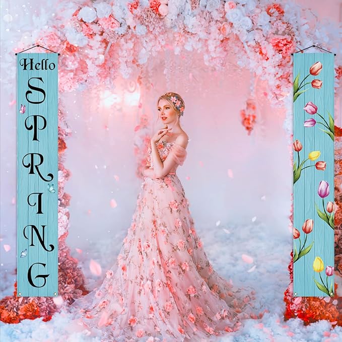 Tulips Spring Porch Banner Spring Party Sign Front Door Banner for Home Yard Indoor Outdoor Hanging Decoration