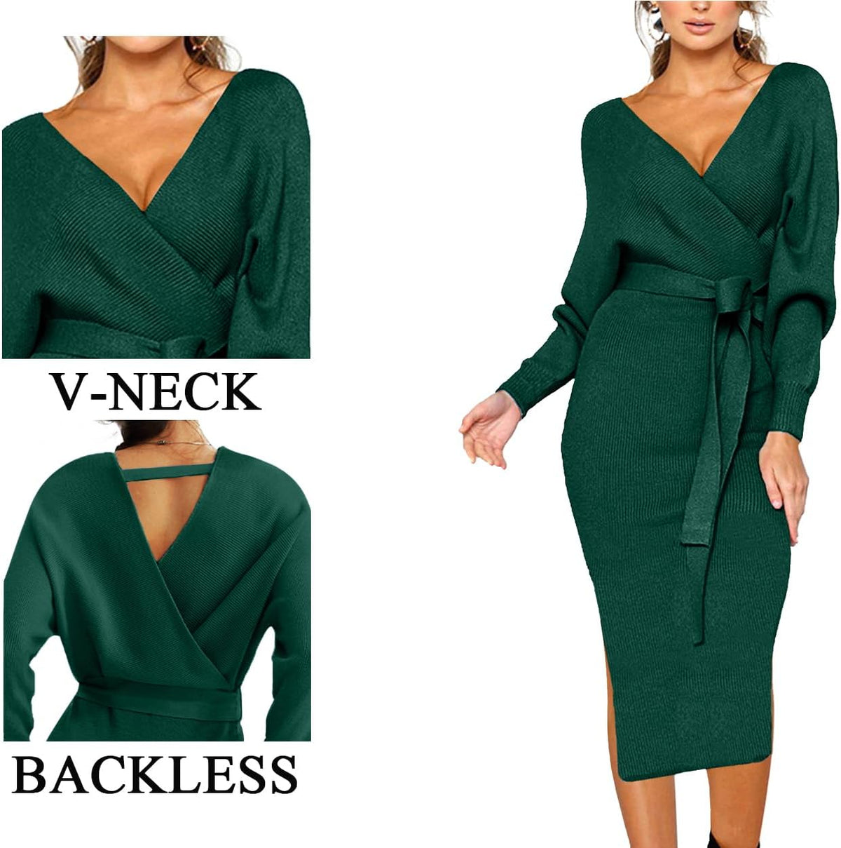 CHERFLY Women's V Neck Sweater Dresses Batwing Long Sleeve Backless Bodycon Long Dress with Belt .