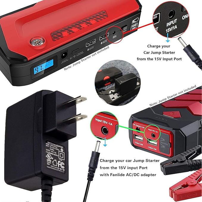 DC 15V 1A Adapter Charger for Car Jump Starter, Peak 450A 500A 600A 800A 1000A Auto Battery Booster Jump Starter Charger