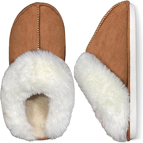 Afellicy Women's Fuzzy Memory Foam Slippers Fall Winter House Shoes Indoor and Outdoor Fur Lining Slip on Bedroom Shoes