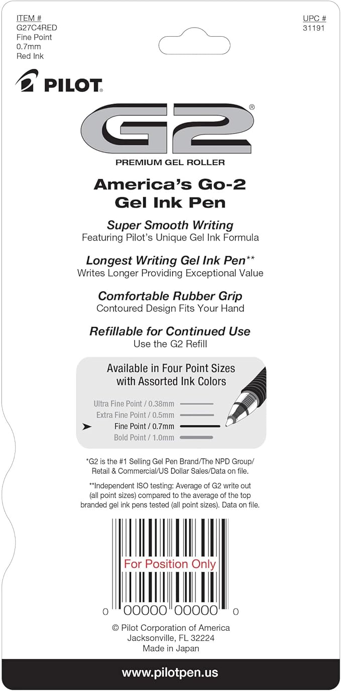 Pilot, G2 Premium Gel Roller Pens, Fine Point 0.7 mm, Red, Pack of 4 Amazon's Choice