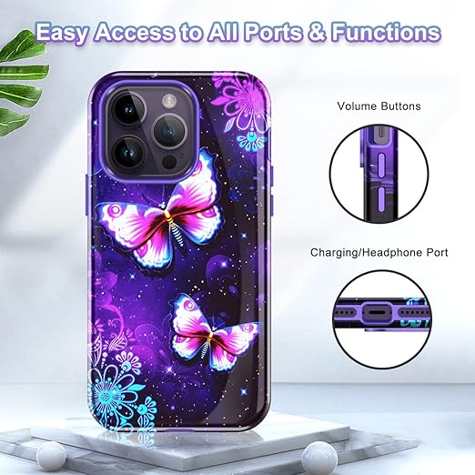 CASEFIV Compatible with iPhone 14 Pro Case,Marble Pattern 3 in 1 Heavy Duty Shockproof Full Body Rugged Hard PC+Soft Silicone Drop Protective Women Girls Cover for iPhone 14 Pro, Purple Butterfly