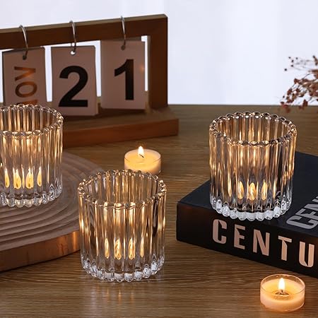 8pcs Large Clear Votive Candle Holders, 2.95"2.95" Ribbed Votive Candle Holder, Tealight Candle Holders for Votives, Floatings, Glass Candle Holder for Wedding, Table Centerpieces