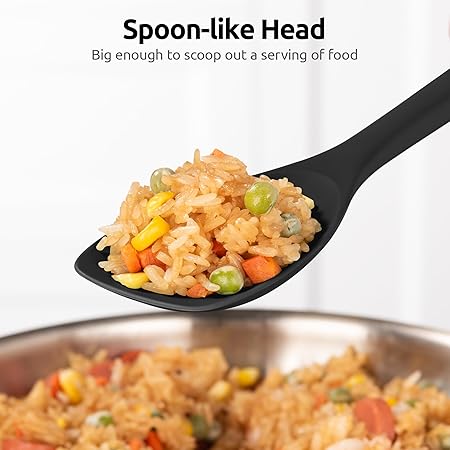 600oF Heat Resistat Spatula Spoon: U-Taste Flexible Silicone Cooking Scoop Spoonula, Serving Mixing Scraping Food in Non-Stick Pan Cookware, Seamless Multifunctional Kitchen Utensil (Black)