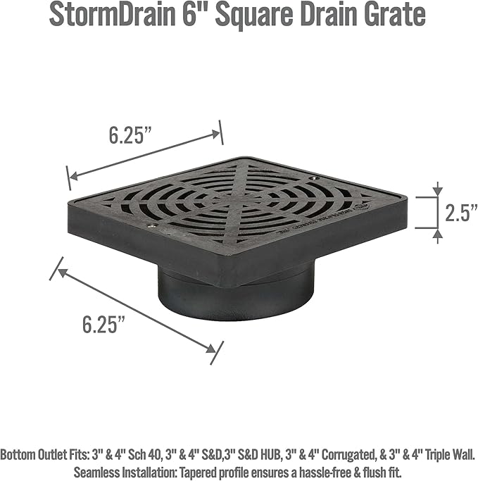 StormDrain 6" Square Bottom Outlet Drain Grate and Adapter Basin with Removable Grate Cover Fits 3" and 4" Drain Pipe - Superior Strength and Durability, Black