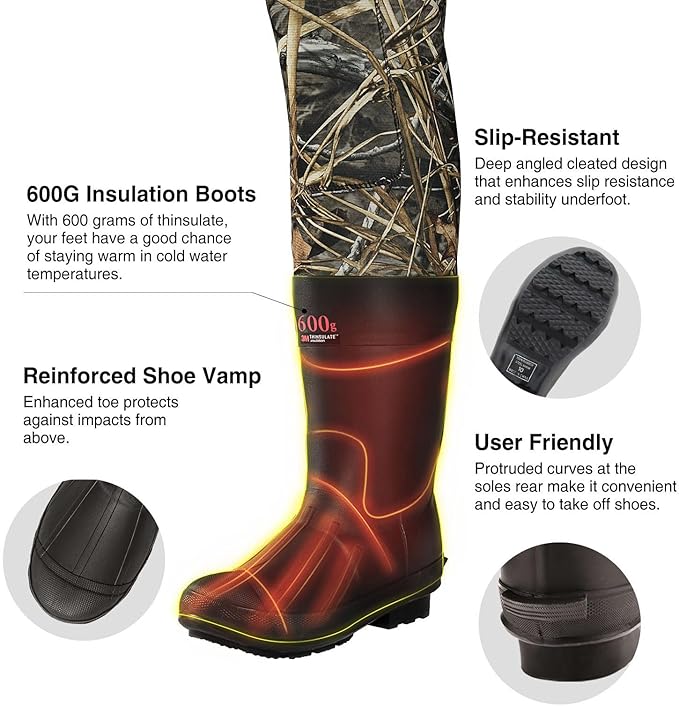 TIDEWE Hunting Waders with Boot Hanger & 600G Insulation, Waterproof Cleated Neoprene Bootfoot Fishing Chest Waders