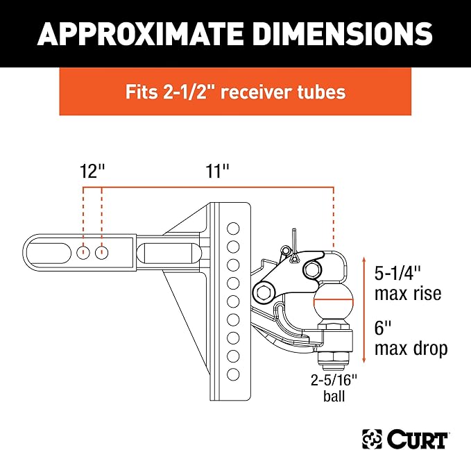 CURT 45908 Adjustable Pintle Hitch Combination, 2-12-Inch Receiver, 6-Inch Drop, 2-516-Inch Ball, 20,000 lbs