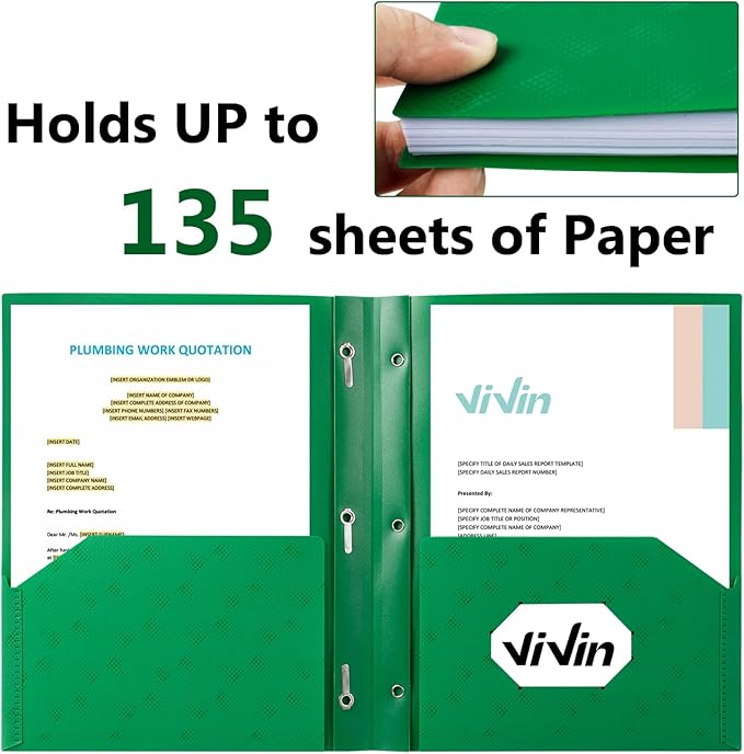 ViVin 10-Pack Sturdy Plastic Folders, 2 Pocket Folders with Pockets, Poly Plastic Folders with Pockets and Prongs, for School Home and Office-Green