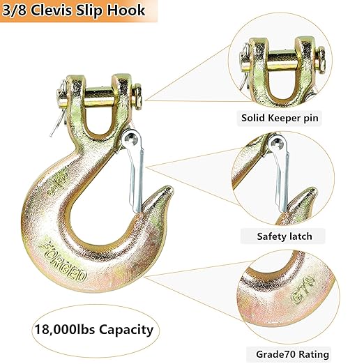 4Pack Clevis Slip Hook, 38 Inch Safety Latch Hook, Heavy Duty Forged G70 Chain Hook for Truck Trailer Winch Transport Tow Safety Chain Hooks,18,000 Lb Capacity