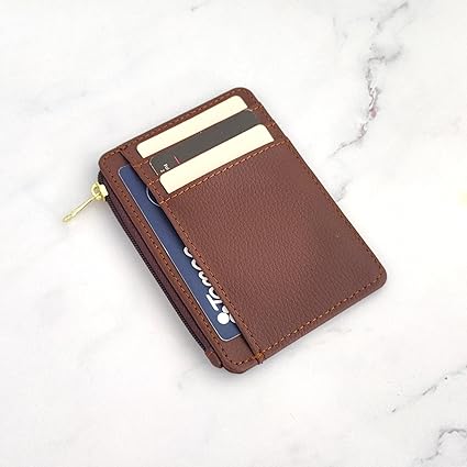 CATCH ON Small Wallet Women & Men, Slim Minimalist Faux Leather Front Pocket Credit Card Holder With Zipper Pocket (brown)