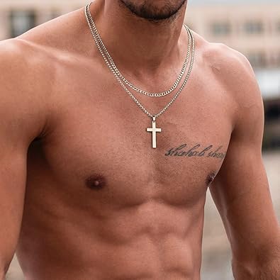 LUXEJEW Cross Necklace for Men - Gold Silver Black Stainless Steel Cross Pendant Necklace Layered Cuban Link Chain Box Chain Mens Jewelry Gifts