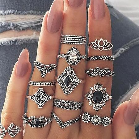 15Pcs Knuckle Rings, Bohemian Style Ladies Ring Rhinestone Inlay Non-fading Jewelry Opening Ring for Women Silver 1.7cm0.67"
