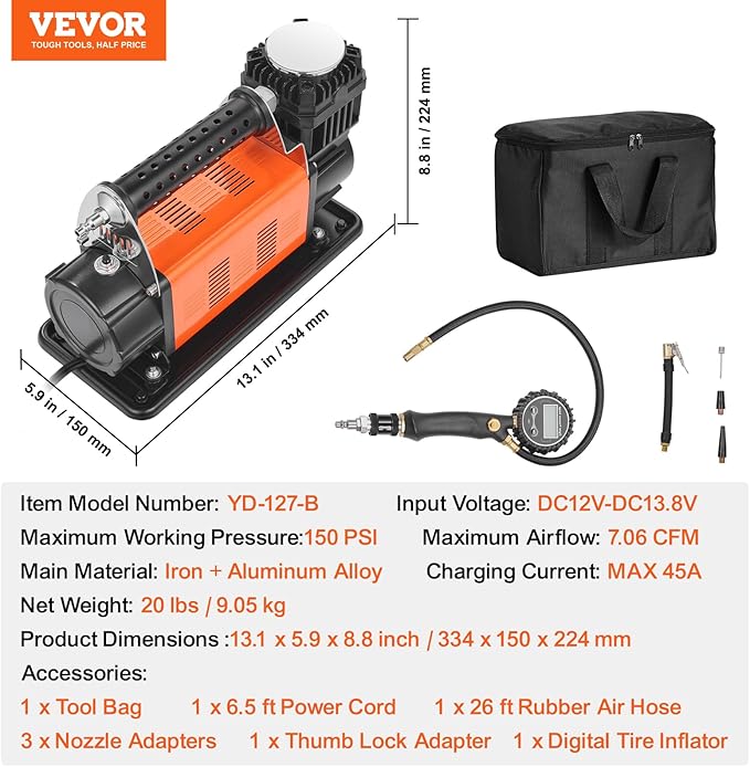 VEVOR 12V Heavy Duty Air Compressor - with Digital Pressure Gauge Tire Inflator Kit, 7.06 CFM Portable Tire Inflator, 150PSI Offroad Air Pump with Adapters for Trucks Car SUV 4 x 4 Vehicle RV