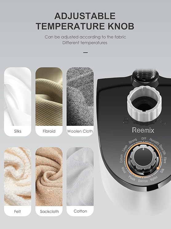 Professional Steamer for Clothes, Reemix Standing Steamer with Garment Hanger, Heats in 30 Seconds, Large Detachable Water Tank for 1 Hour Continuous Steaming, Includes Fabric Brush, Easy-roll Wheels