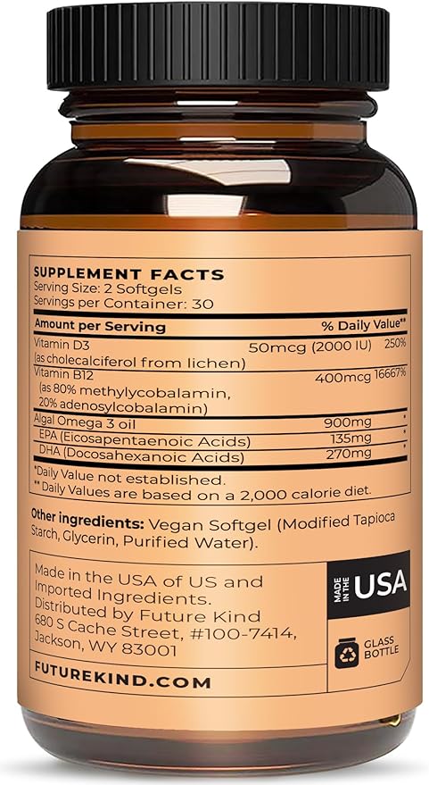 Future Kind Vegan Multivitamins - Glass Bottle Made for Vegans with Omega 3 DHA, EPA, Vitamin B12 D3 for Energy, Focus, Mood (60 Softgels)